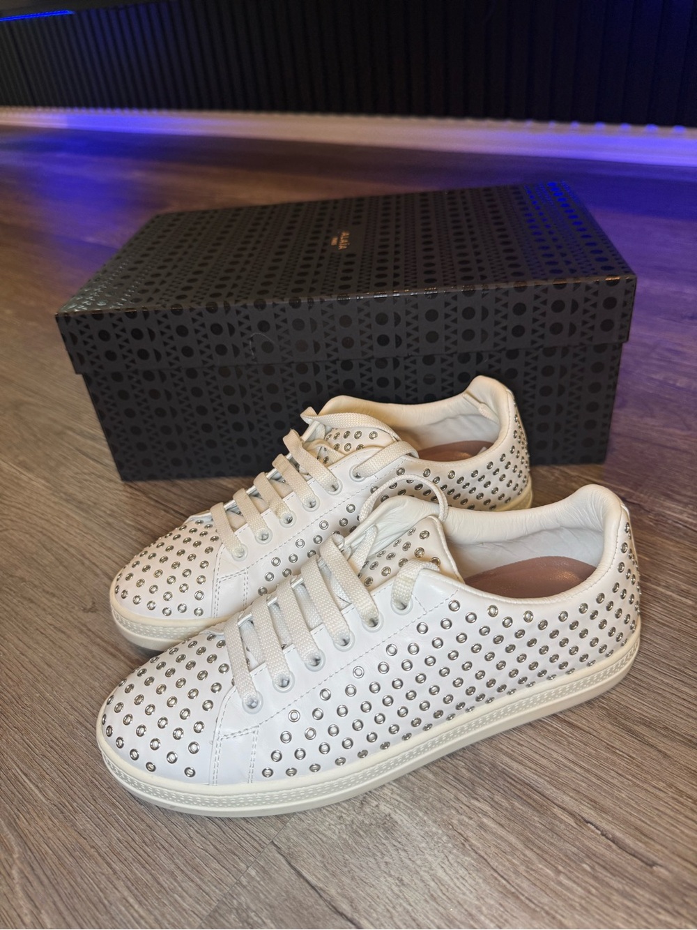Alaïa Paris White Studded Leather Sneakers Size 37 With Box